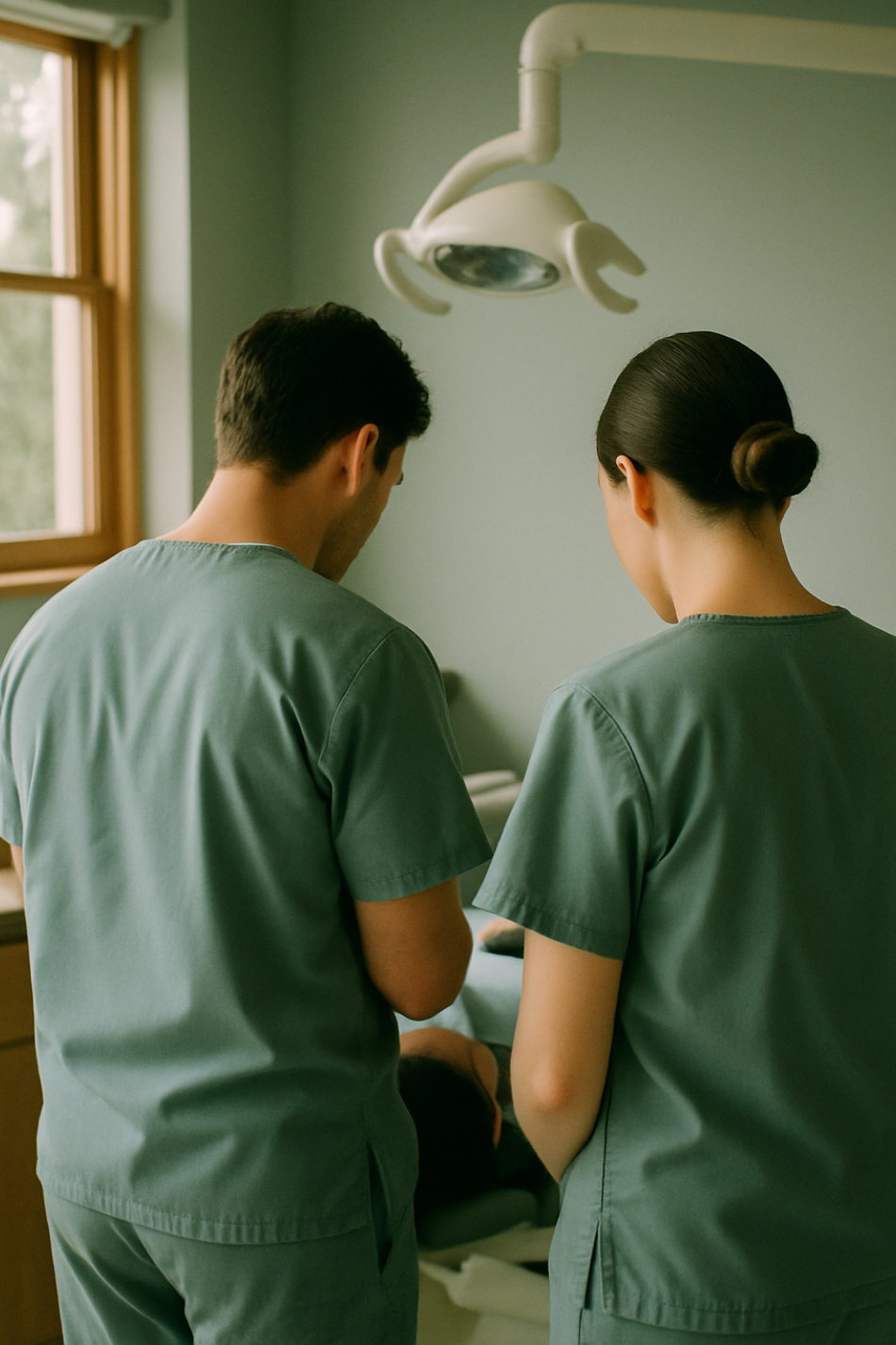 Two Fernhill clinicians in sage scrubs at work in a treatment room, photographed from behind.