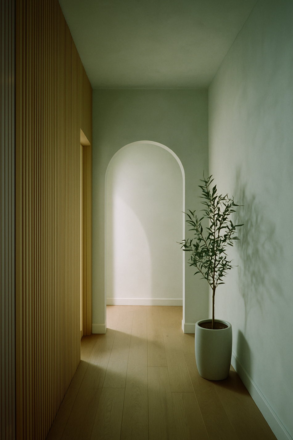 The corridor at Fernhill: an oak slat wall, an arched doorway filled with daylight, and leaf shadows across pale plaster.