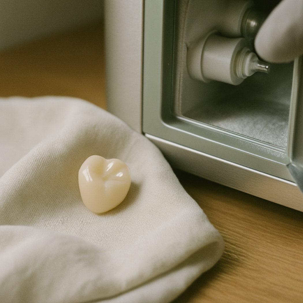 A freshly milled ceramic crown resting on bone-white linen beside the open door of the milling unit.
