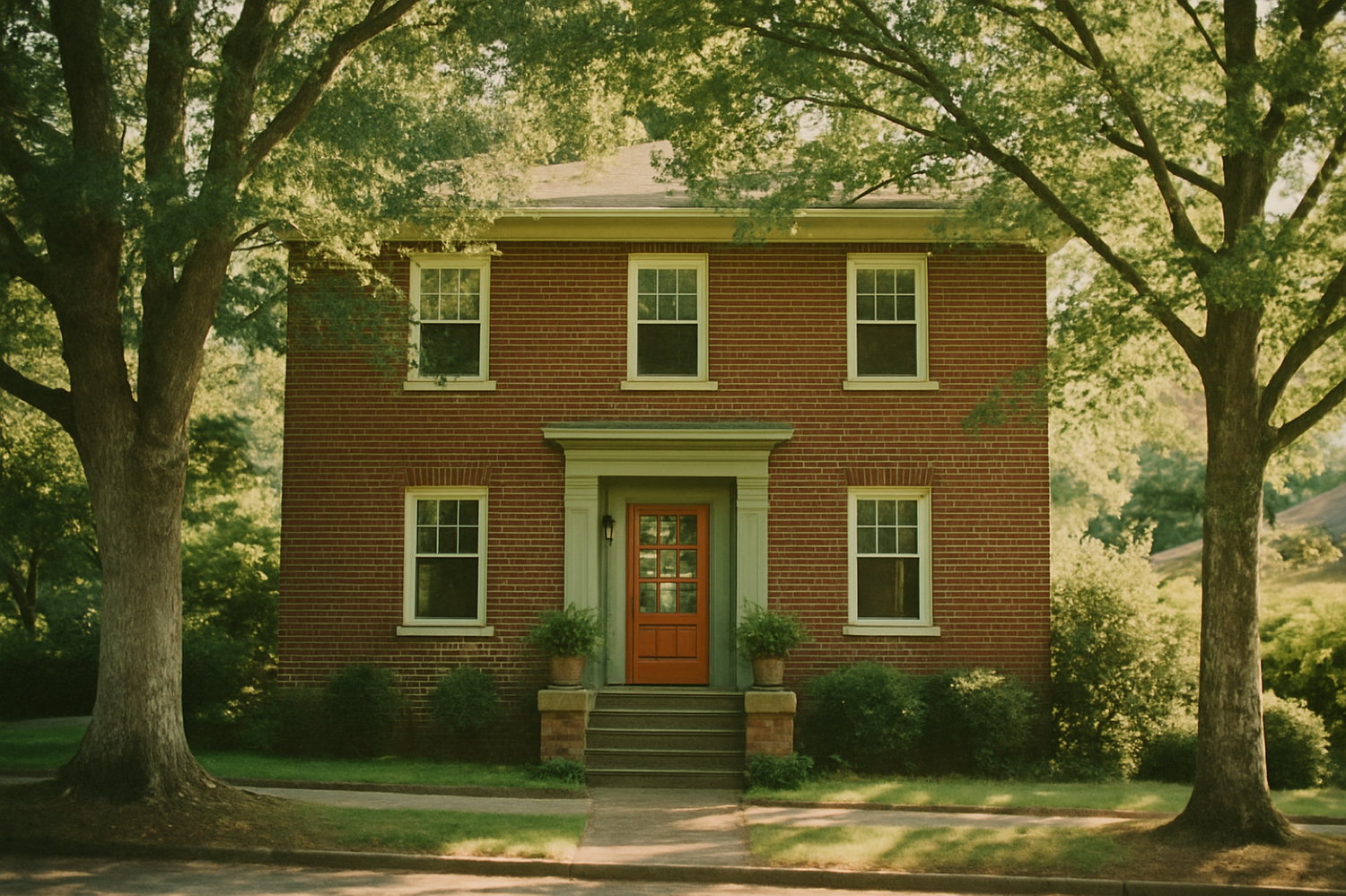 The red brick 1912 building at 214 Montford Avenue, framed by mature street trees in afternoon light.
