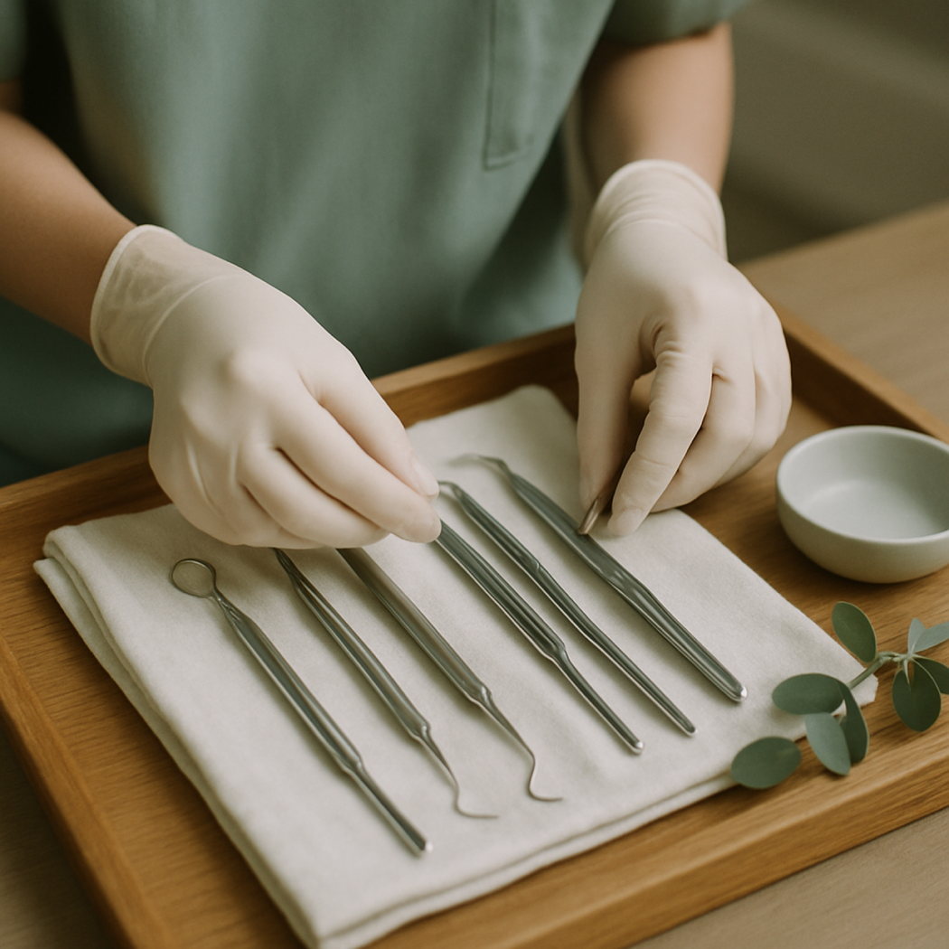 Gloved hands laying out polished dental instruments on linen over a warm oak tray.