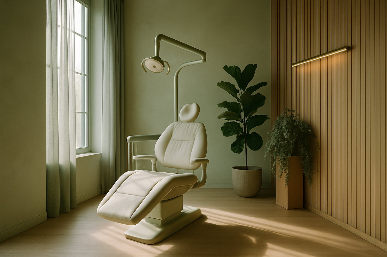 A Fernhill treatment room: a bone-white dental chair beside a tall north-facing window, white-oak slat panelling and a large potted fig.