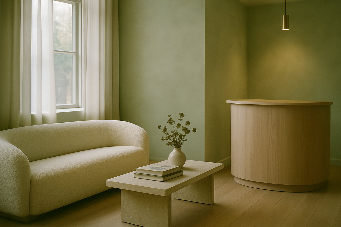 Fernhill's waiting room, with a curved bouclé sofa, travertine table and dried eucalyptus.