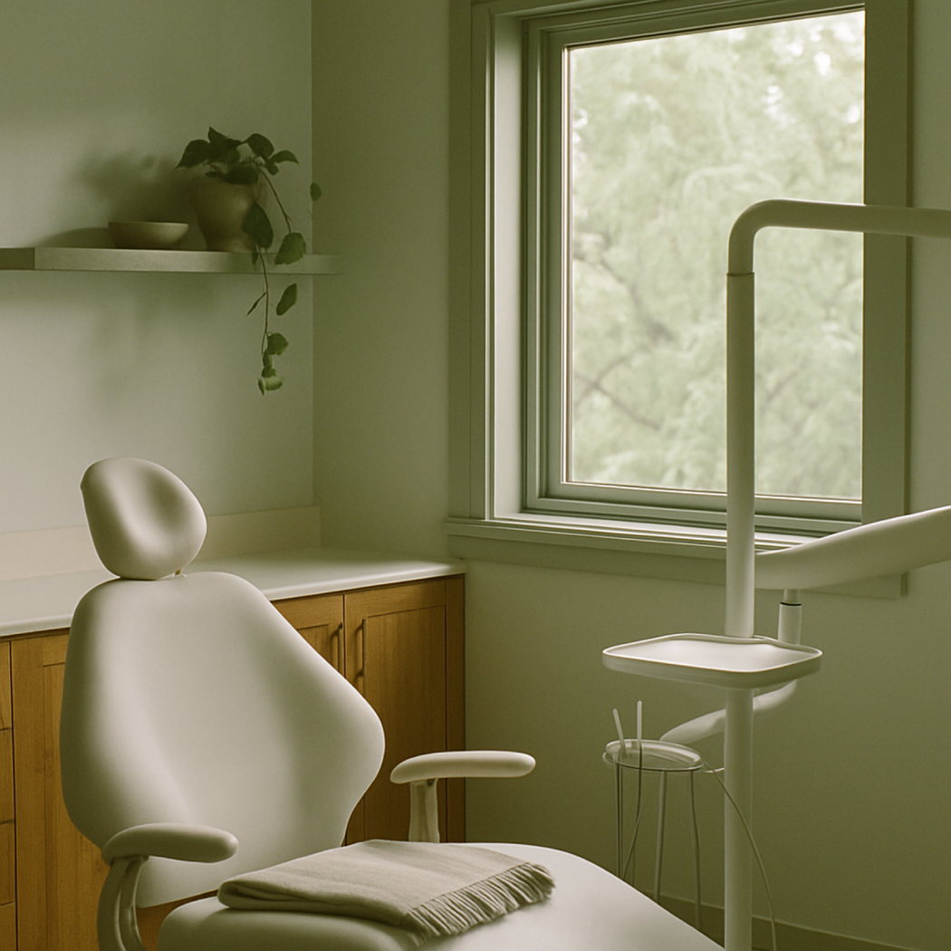 A Fernhill treatment room with sage joinery, a window onto tree canopy and a trailing pothos on the shelf.