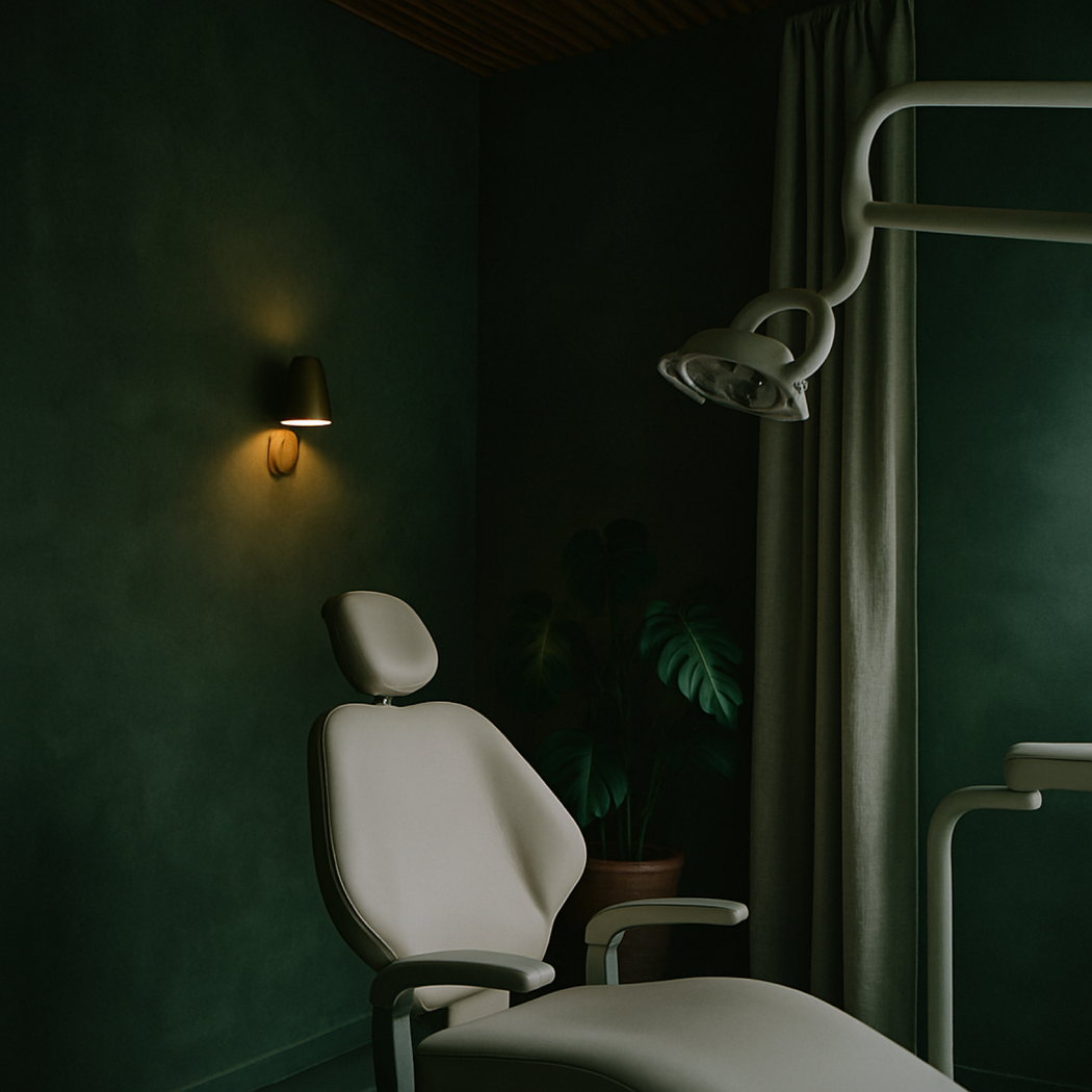 A darker Fernhill treatment room with deep green walls, a brass sconce and a monstera in a terracotta pot.